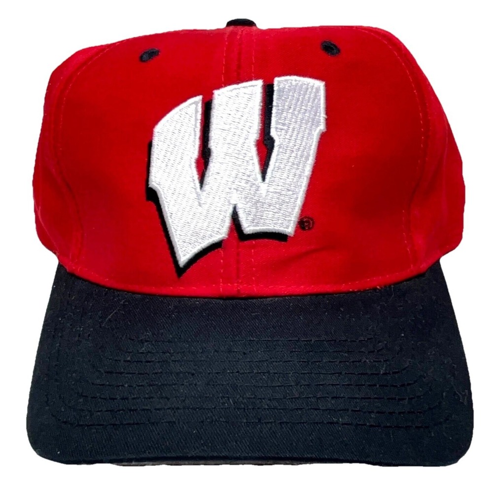 Vintage Wisconsin Badgers Hat Cap Snapback Red Black 90s‎ Y2K Plain Logo 7 Adult